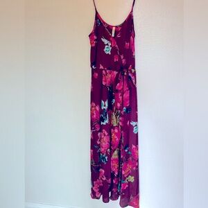Floral Satin Maxi Dress with Pink and Green Accents size M